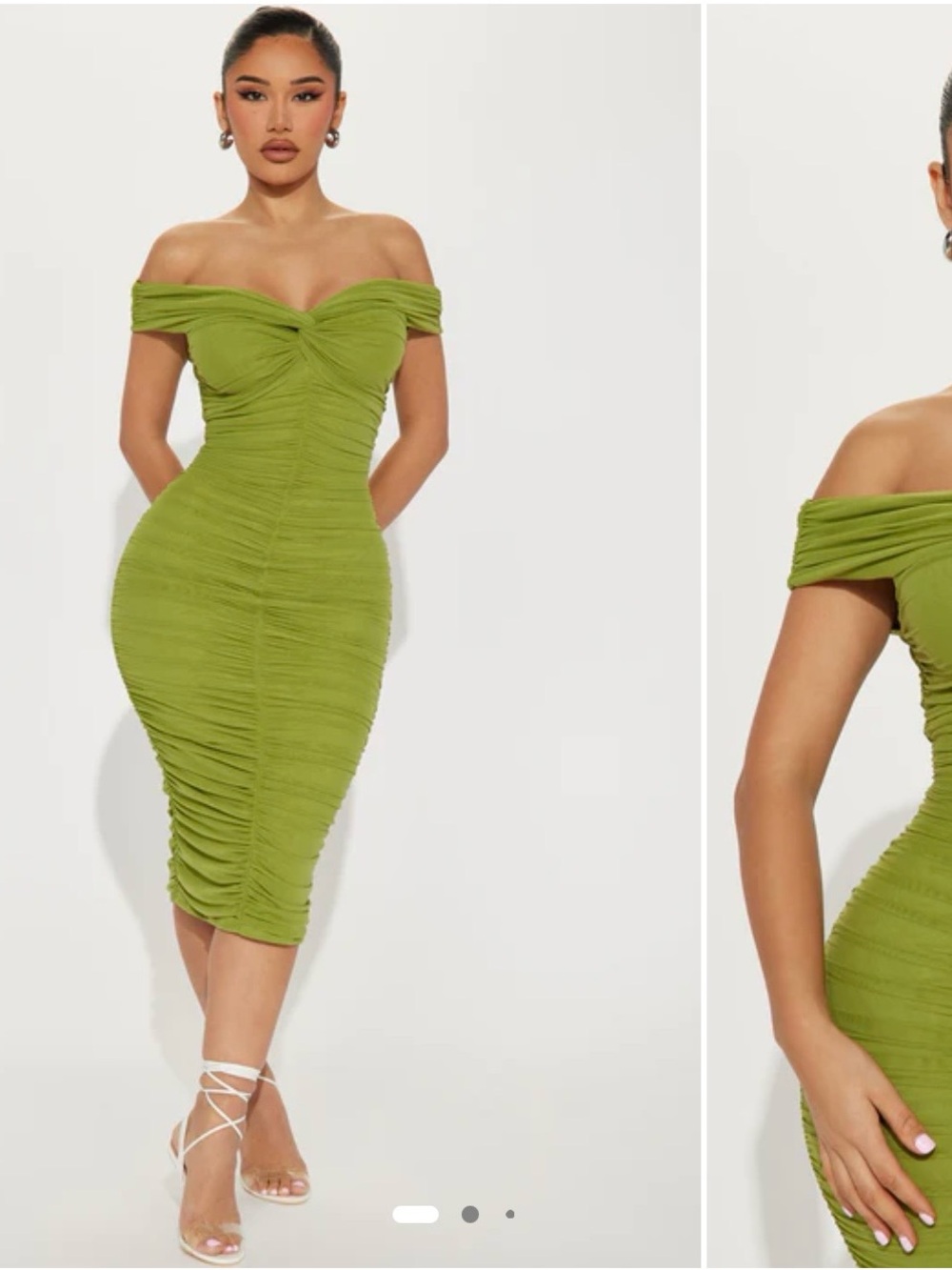 Fashion Nova Olive Green Off-Shoulder Ruched Midi Dress